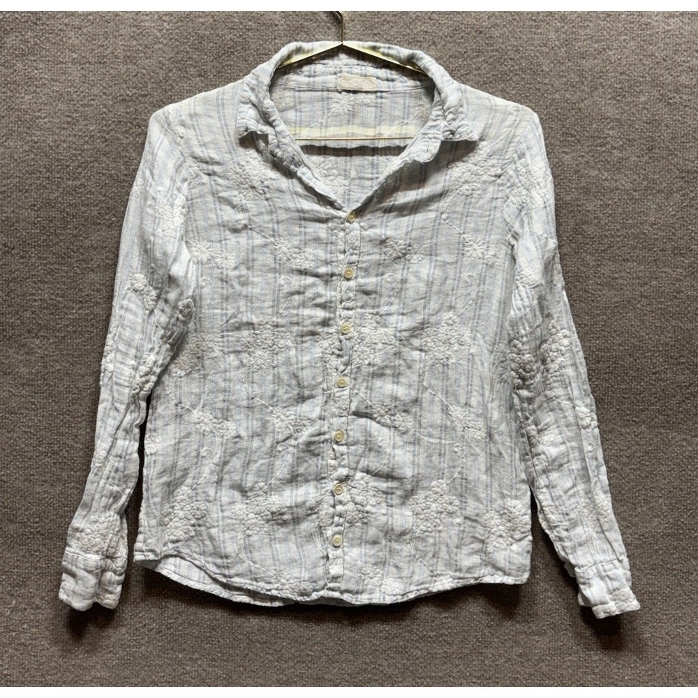 Cp Shades Womens Size Small Button Up 100% Linen Top Floral Embroidery White EUC